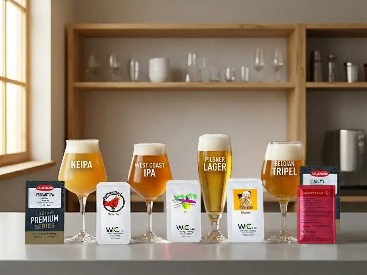 Verres de bière artisanale (NEIPA, West Coast IPA, Pilsner, Belgian Tripel) et sachets de levure de bière.