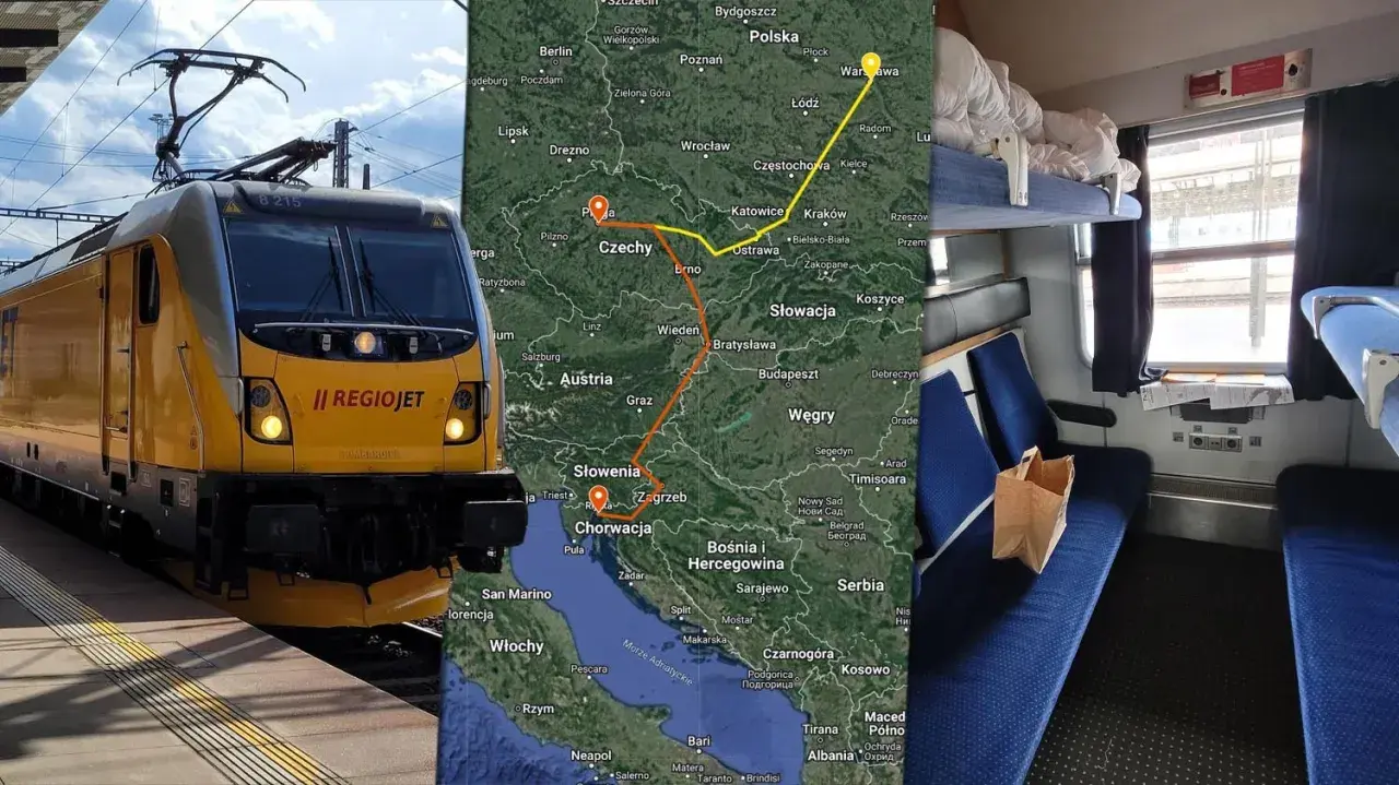 Żółty pociąg RegioJet na torach, mapa Europy z trasą do Chorwacji i wnętrze wagonu sypialnego. Pociąg do Chorwacji czeka!
