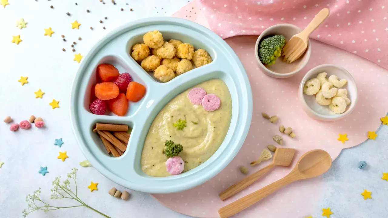 Kolorowy talerzyk z jedzeniem dla malucha: puree z warzyw, marchewka, maliny, chrupki i brokuł. Idealny na blw pierwszy posiłek.
