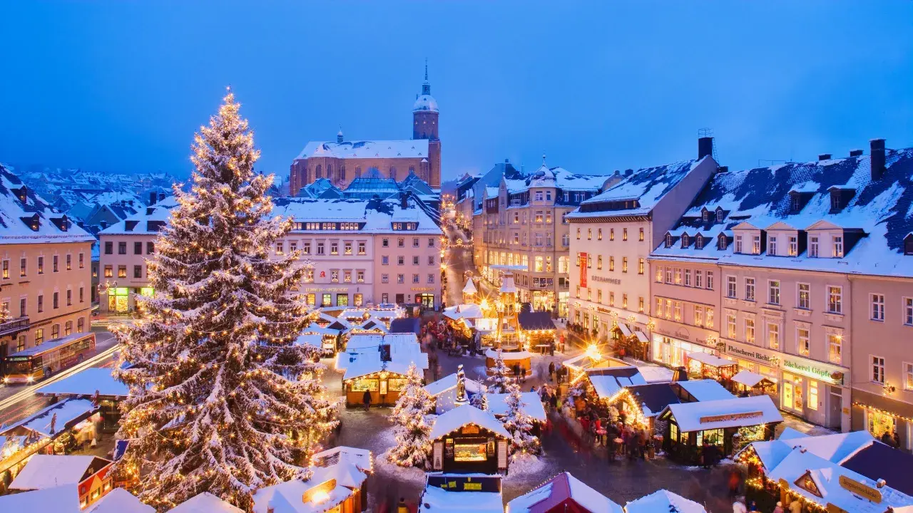 Beleuchteter Weihnachtsbaum und Buden auf dem Marktplatz. Ein festlicher Anblick, der an den besten Weihnachtsmarkt Deutschlands erinnert.