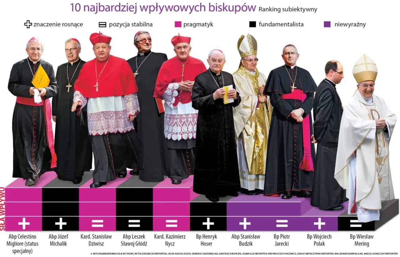 Biskupi polscy w barwnych szatach, od lewej: Abp Migliore, Abp Michalik, Kard. Dziwisz, Abp Głódź, Kard. Nycz, Bp Hoser, Abp Budzik, Bp Jarecki, Bp Polak, Bp Mering.