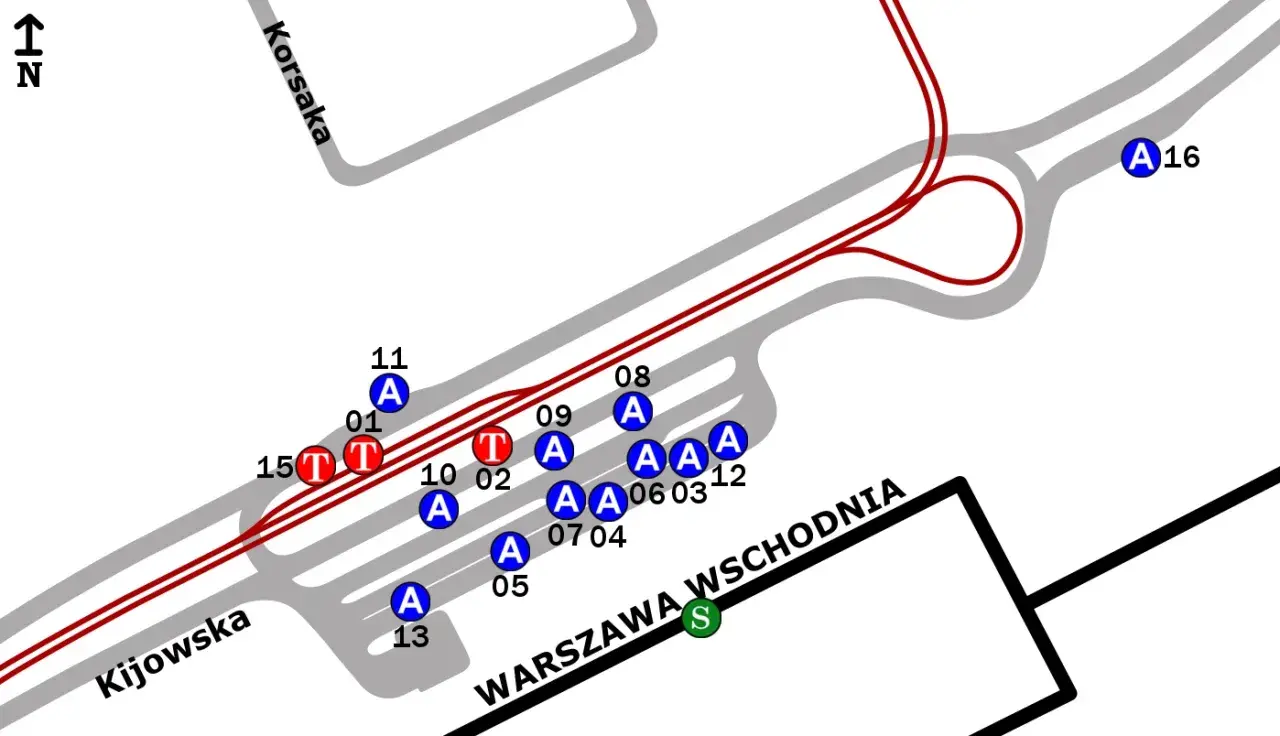 Mapa pokazuje jak dojechać z dworca Wschodniego do szpitala na Szaserów. Znajdują się tu oznaczenia przystanków (A) i (T) oraz nazwy ulic.