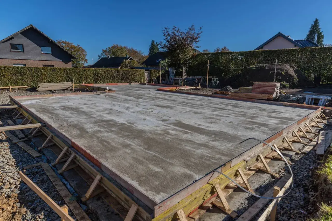 Der Schalung Aufbau für eine Betonplatte ist sichtbar. Holzstützen und Bretter formen den Rand der frisch gegossenen Bodenplatte.