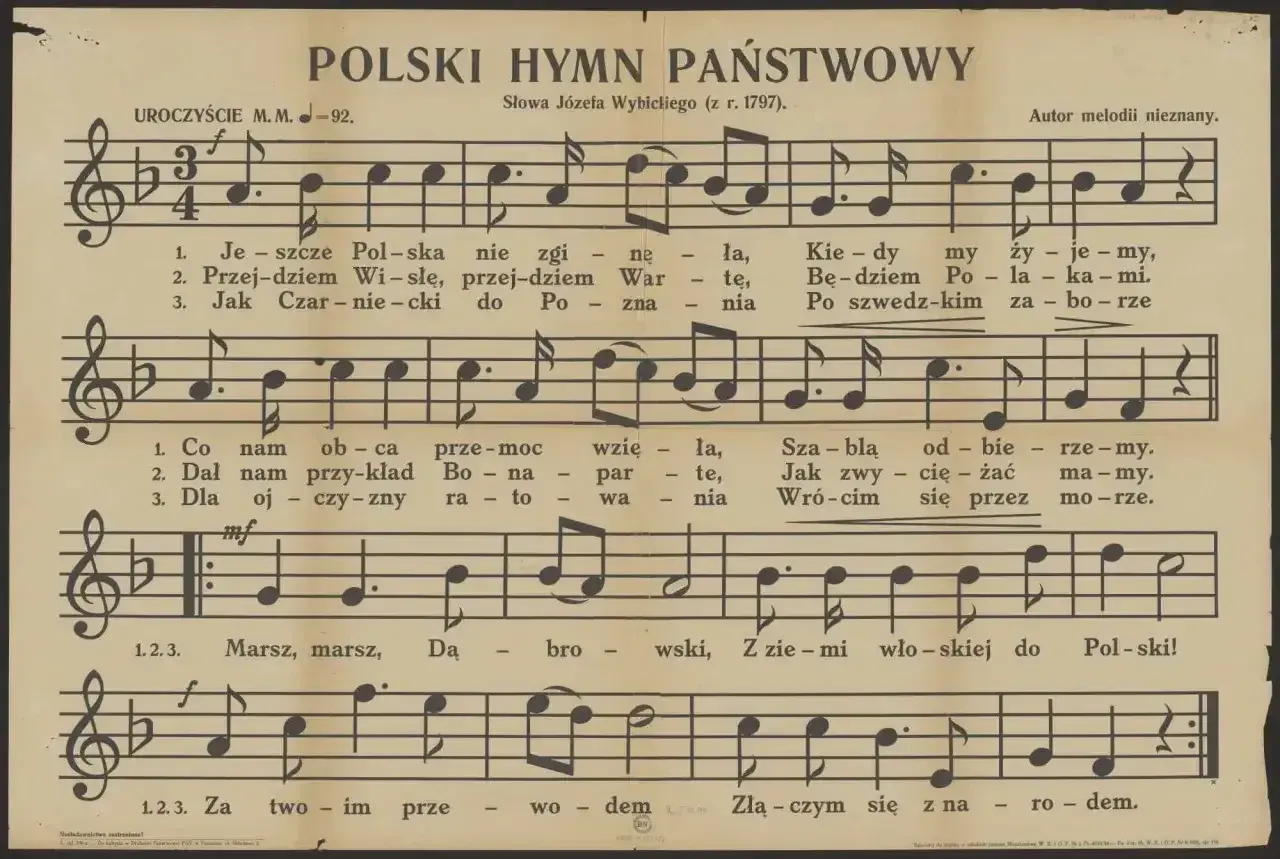 Polski hymn państwowy z nutami i tekstem. Melodia nieznana, słowa Józefa Wybickiego.