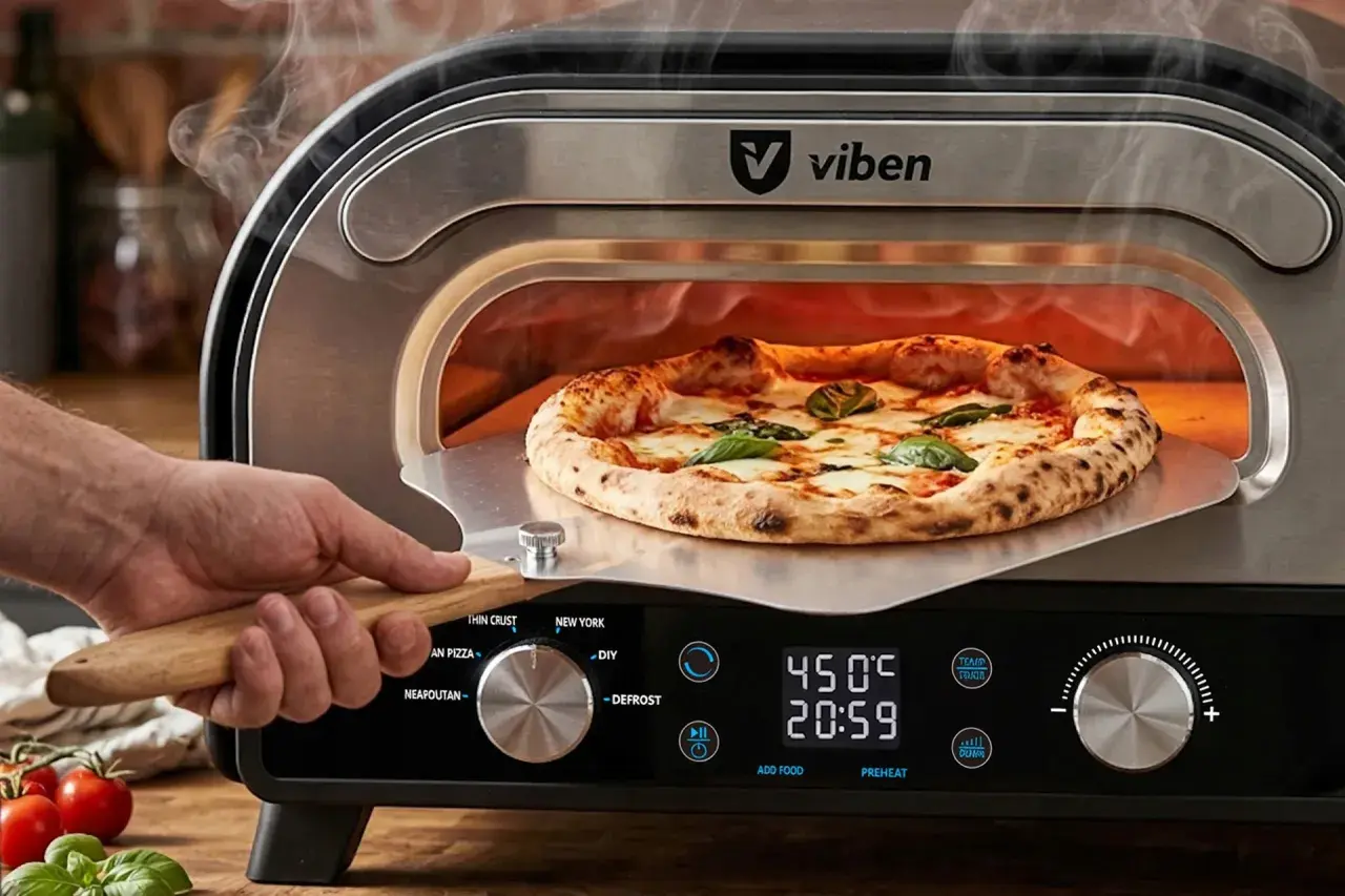 Jak przełożyć pizzę na kamień bez łopatki? Użyj metalowej łopatki z drewnianą rączką, by łatwo wyjąć gorącą pizzę z pieca Viben.