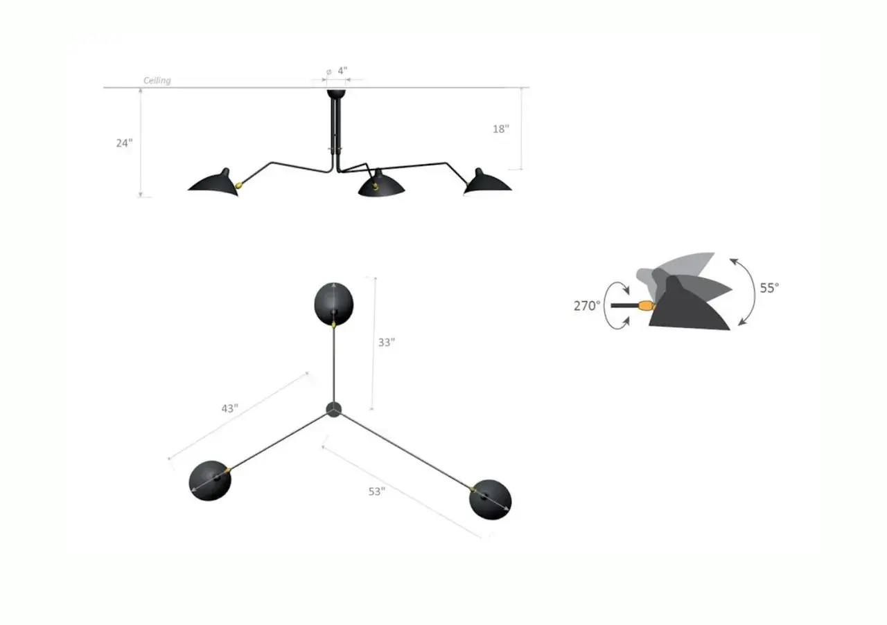 Diagrama de lámparas de techo con brazo extensible, mostrando sus dimensiones y ángulos de movimiento.
