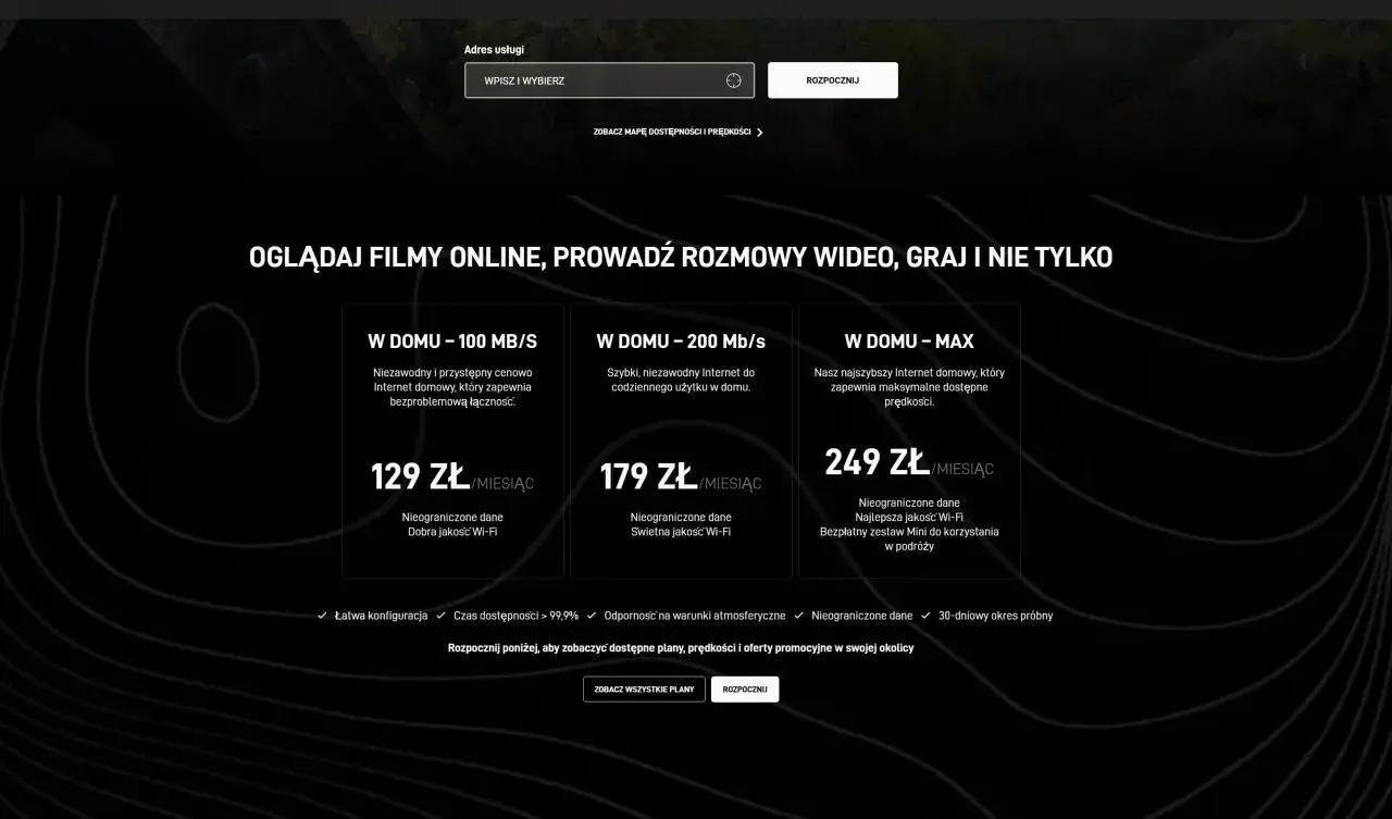 Oferta internetu domowego. Sprawdź plany 100, 200 Mb/s i MAX. Szybki internet, idealny do streamingu i gier, jak Starlink.