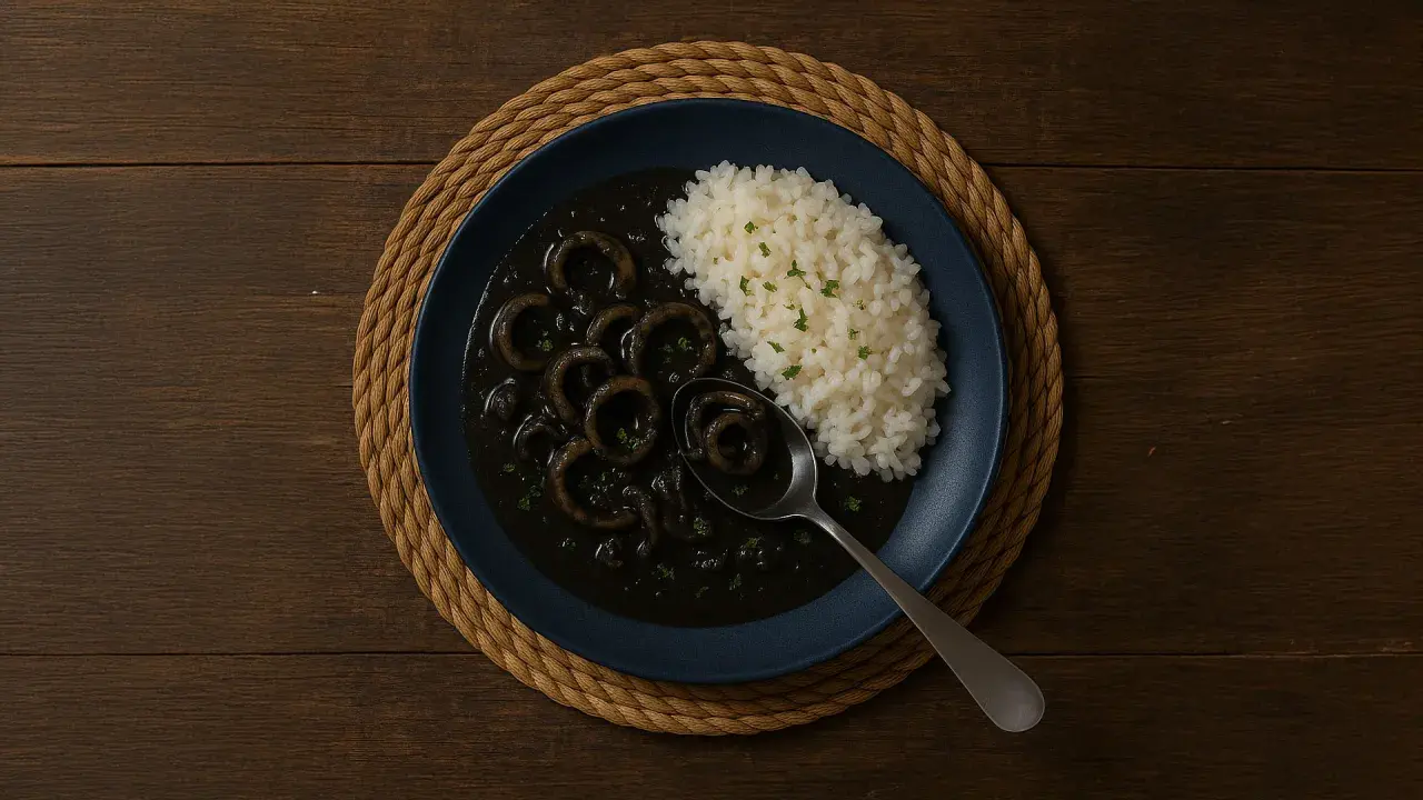 Plato de calamares en su tinta con arroz blanco, servido en un plato azul sobre una esterilla de mimbre.