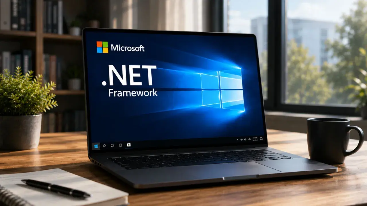 Laptop mit dem .NET Framework Logo und dem Windows-Logo. Ein Arbeitsplatz mit Büchern, Pflanze und Kaffee.