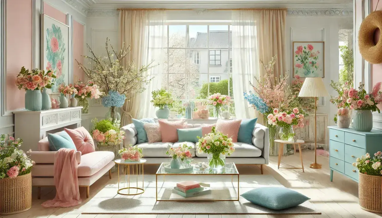 A light-filled living room with a pale pink sofa, abundant floral arrangements, and pastel accents. This space is perfect to refresh your home for spring.