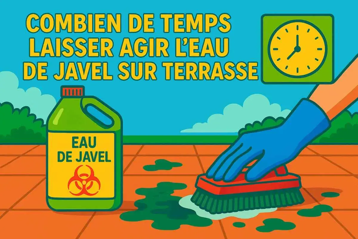 Une main gantée frotte une terrasse avec une brosse. Une bouteille d'eau de Javel et une horloge sont visibles. Combien de temps laisser agir eau de javel sur terrasse ?