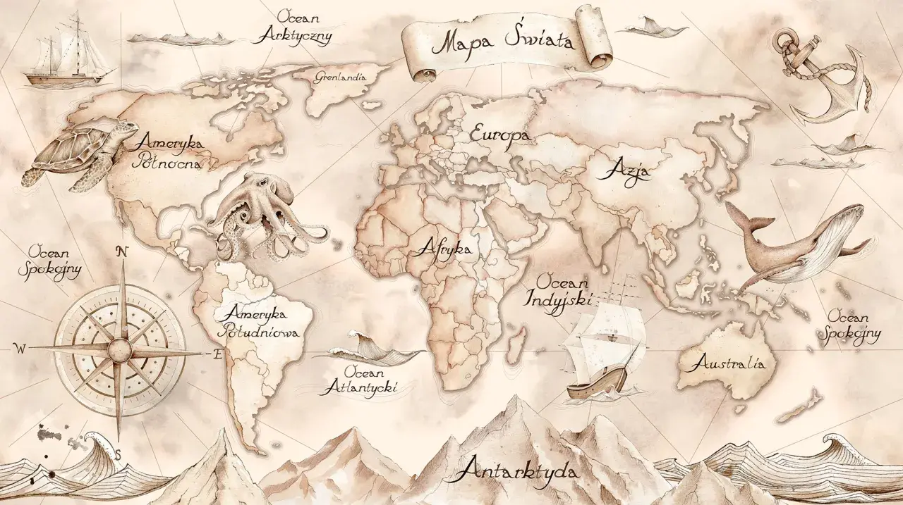 Mapa świata z wielorybem, żółwiem i ośmiornicą. Ta tapeta świata przeniesie Cię w podróż po kontynentach i oceanach.