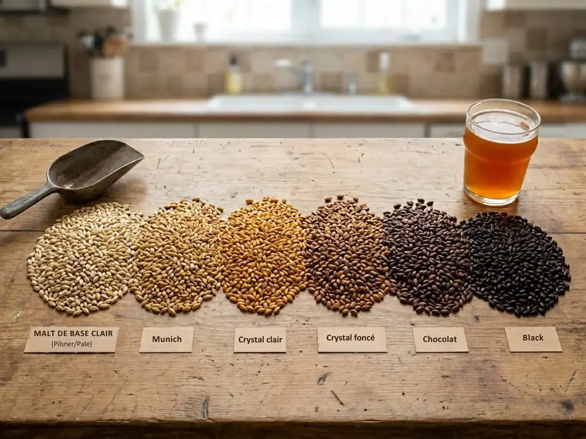 Six tas de blé malté, du clair au noir, illustrent la définition du blé malté. Une pelle et un verre de bière complètent la scène.