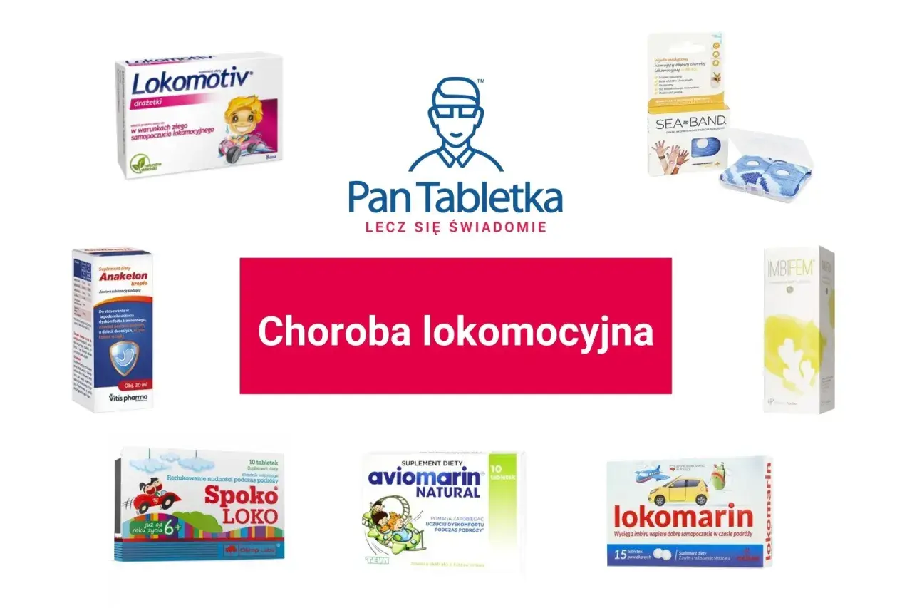 Produkty na chorobę lokomocyjną: Lokomotiv, Spoko LOKO, Aviomarin, Anaketon, Lokomarin, Sea-Band.
