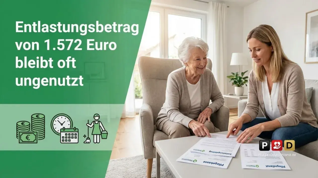 Junge Frau erklärt älterer Dame den Entlastungsbetrag von 1.572 Euro, der oft ungenutzt bleibt. Icons zeigen Geld, Zeit, Kalender und Haushaltshilfe.