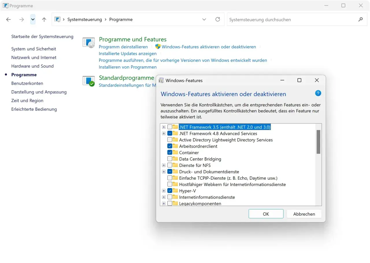 Windows 11 Recall deaktivieren: Im Fenster "Windows-Features" können Sie Programme wie .NET Framework 3.5 ein- oder ausschalten.