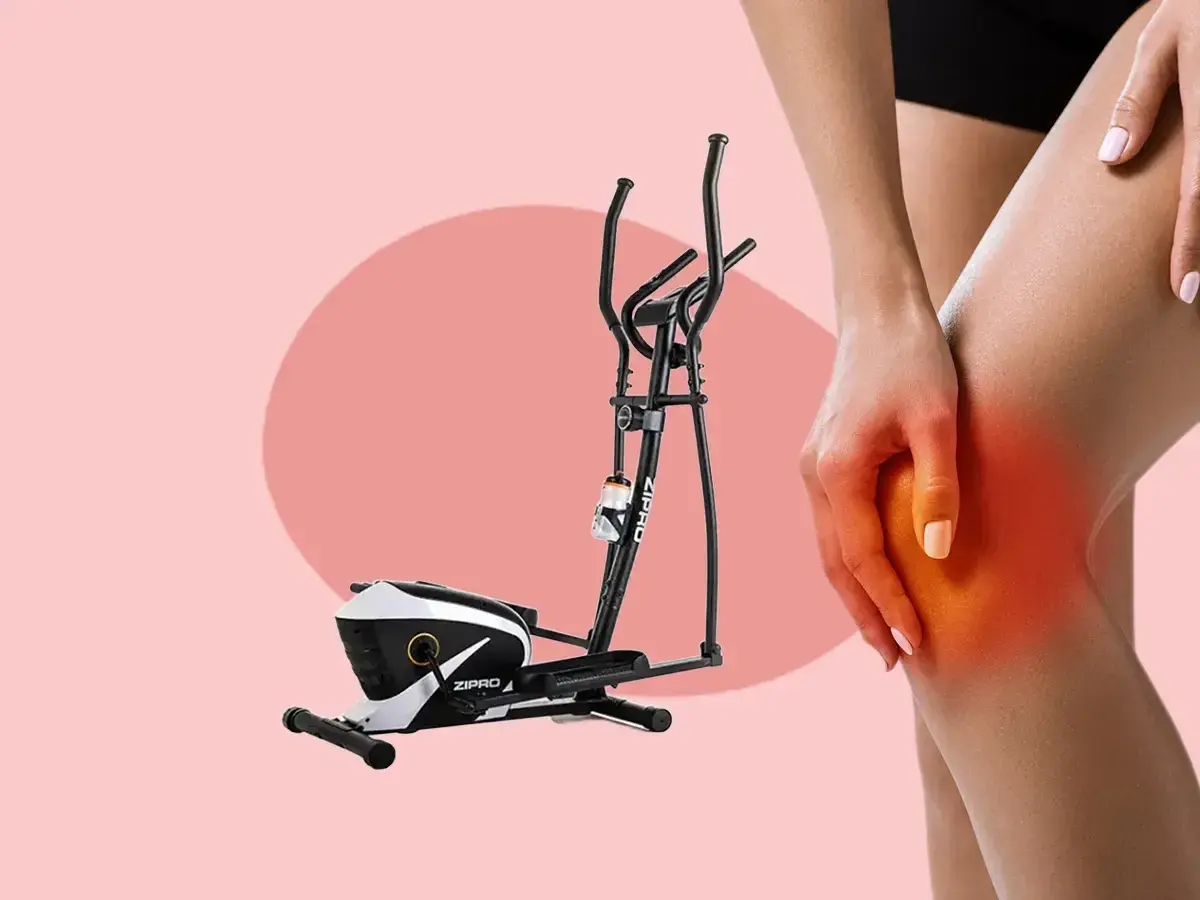 Crosstrainer für sanftes Training bei Kniearthrose. Ein Bein hält schmerzendes Knie, das Gerät steht daneben.