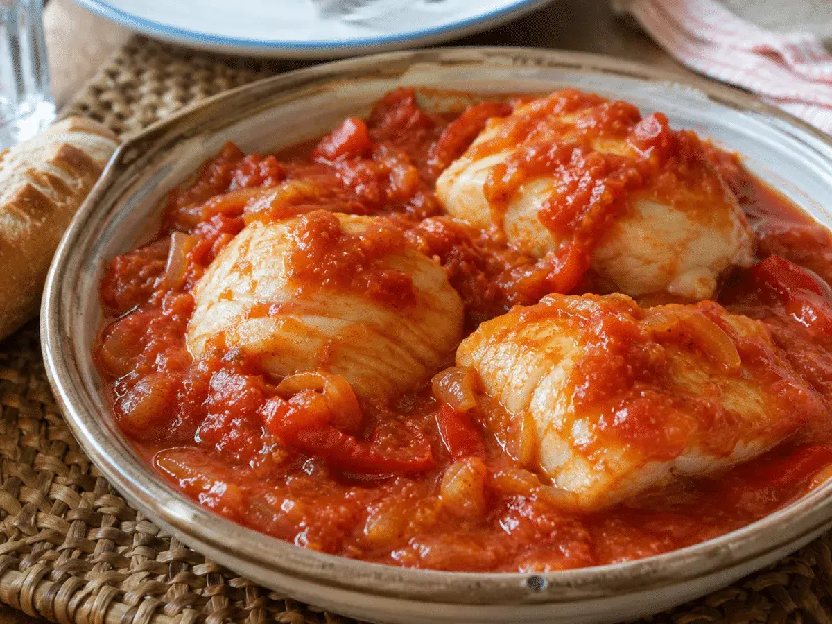 Bacalao con tomate, un plato casero con trozos de pescado blanco en una salsa roja de tomate y cebolla.