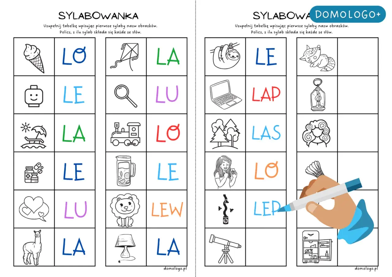 Zadanie "Sylabowanka" uczy, ile głosek w słowie. Obrazki lodów, klocków, plaży, leków i lamy po lewej, a po prawej leniwca, laptopa, lasu, dziewczyny i lampy.