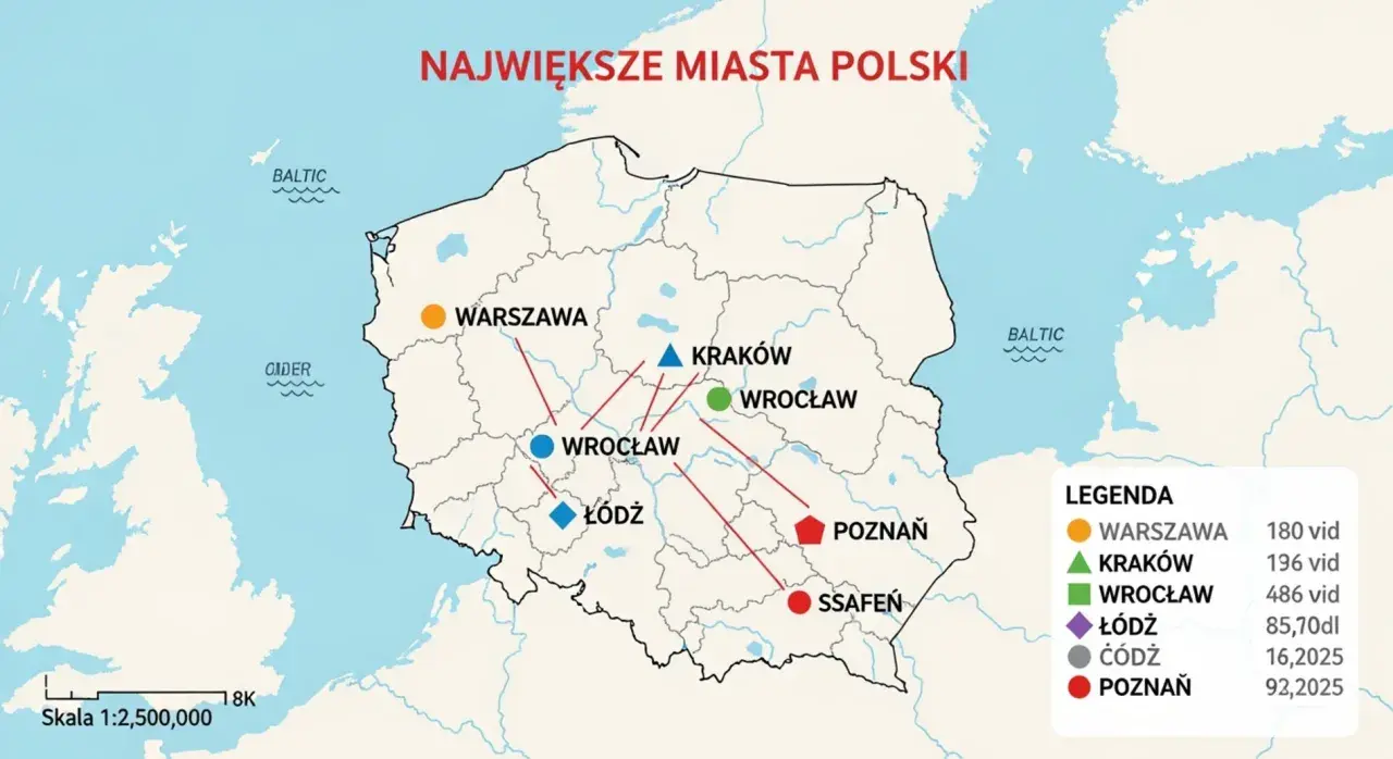 Mapa przedstawia najwieksze miasta Polski: Warszawę, Kraków, Wrocław, Łódź, Poznań i inne.