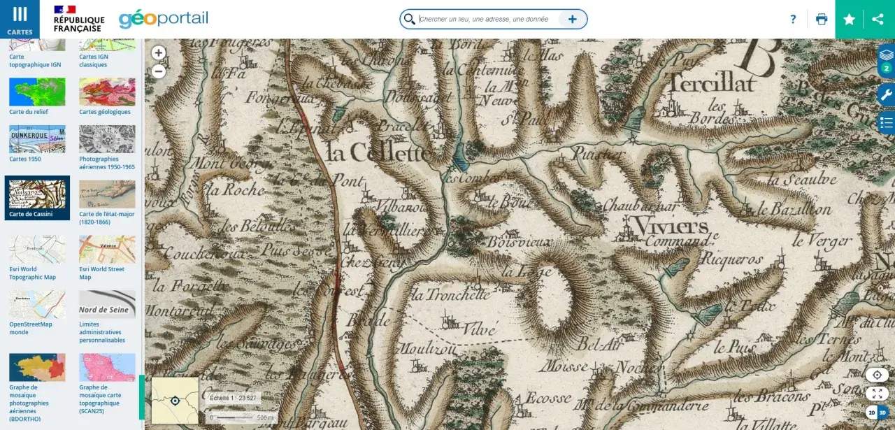Carte de Cassini ancienne, montrant des reliefs et des lieux-dits comme "la Callette" et "Viviers".