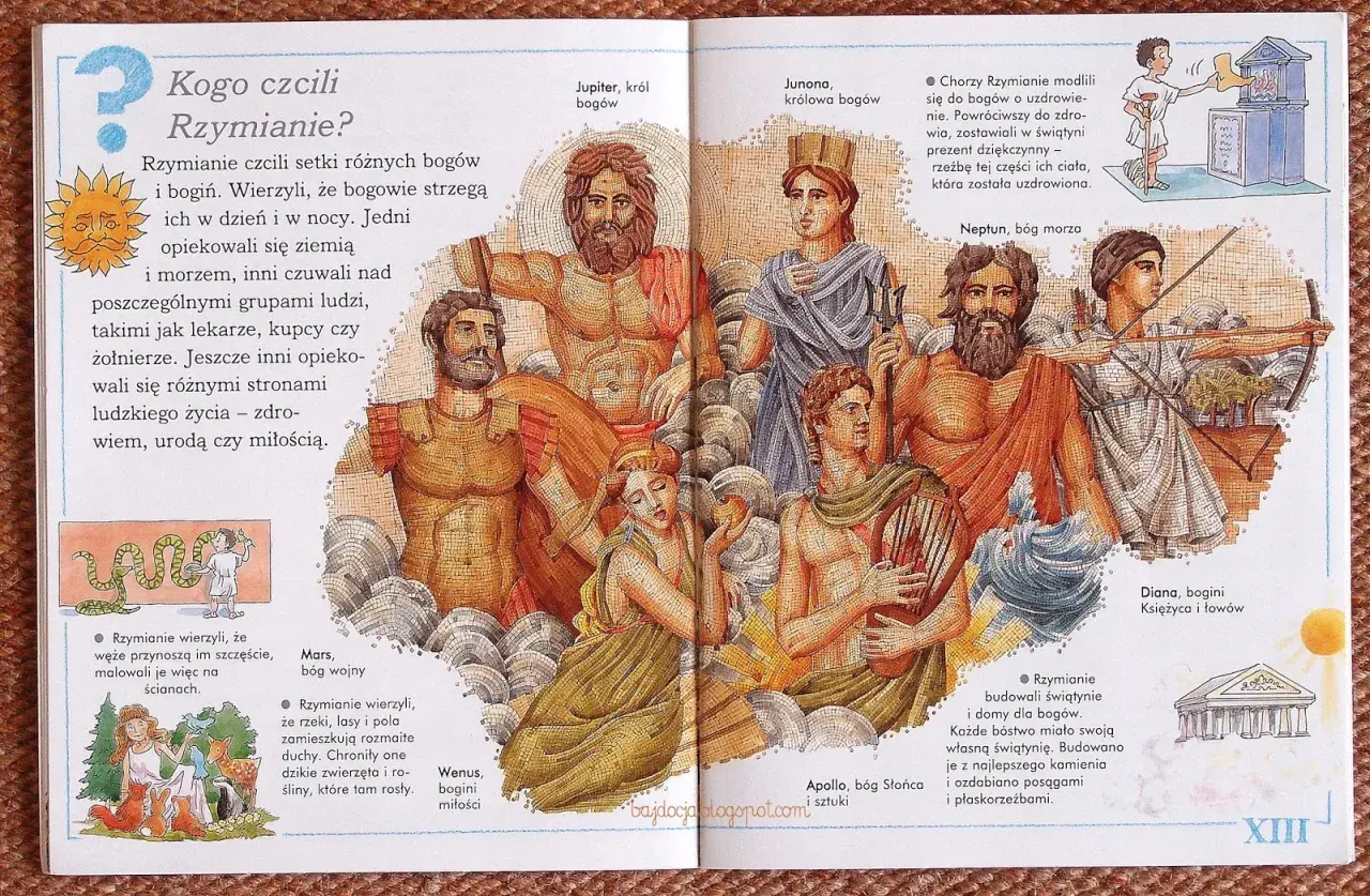 Ilustracja przedstawia panteon bogów rzymskich, w tym Jowisza, Junonę, Neptuna, Marsa, Wenus, Apollina i Dianę.