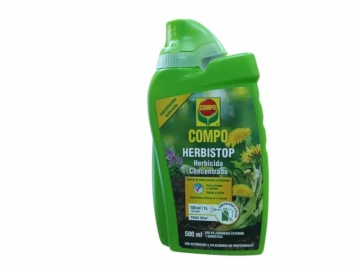 Bouteille verte de désherbant Compo Herbistop, à base d'acide pélargonique, pour un jardin sans mauvaises herbes.
