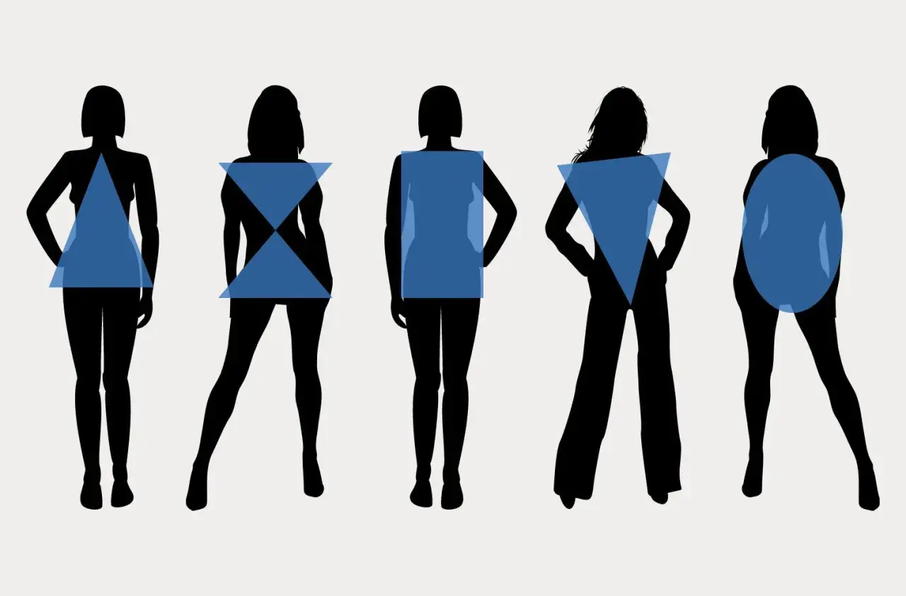 Silhouettes de femmes aux formes variées, chacune avec une forme géométrique bleue superposée. Une femme menue est représentée.