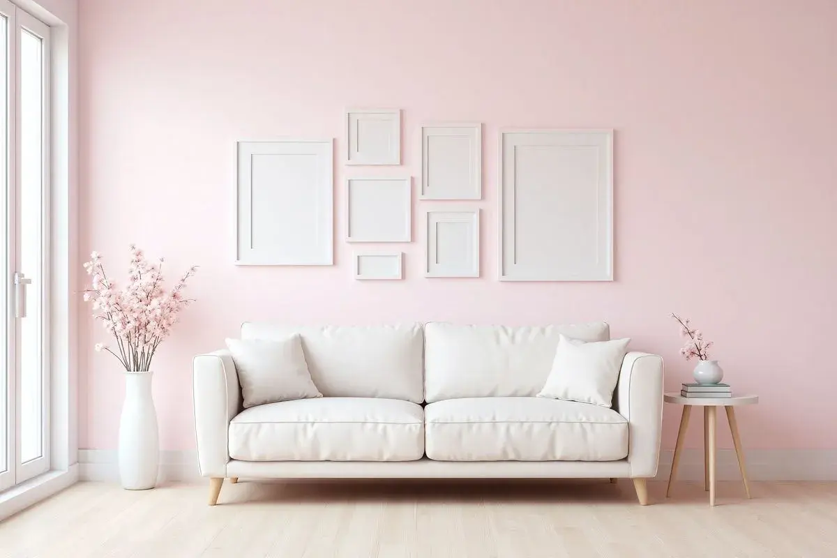 Jasna sofa w kolorze śmietankowym i białym, otoczona pastelową różową ścianą, z pustymi ramkami i kwitnącymi gałązkami.
