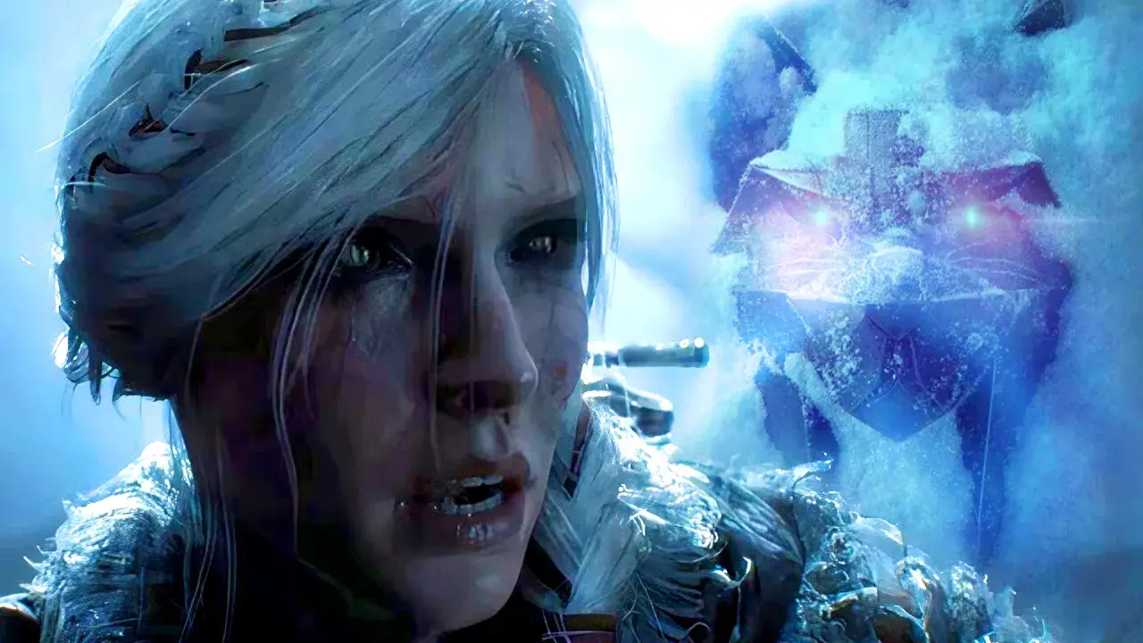Eine Frau mit eisblondem Haar und grünen Augen blickt besorgt in die Kamera. Im Hintergrund lauert eine eisbedeckte Kreatur mit leuchtenden Augen, die an den Witcher IV erinnert.