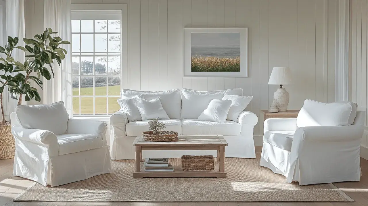 Gemütliches Wohnzimmer im **New England Style** mit weißen Sofas, Sesseln, Holztisch und einem Bild mit Meeresmotiv.