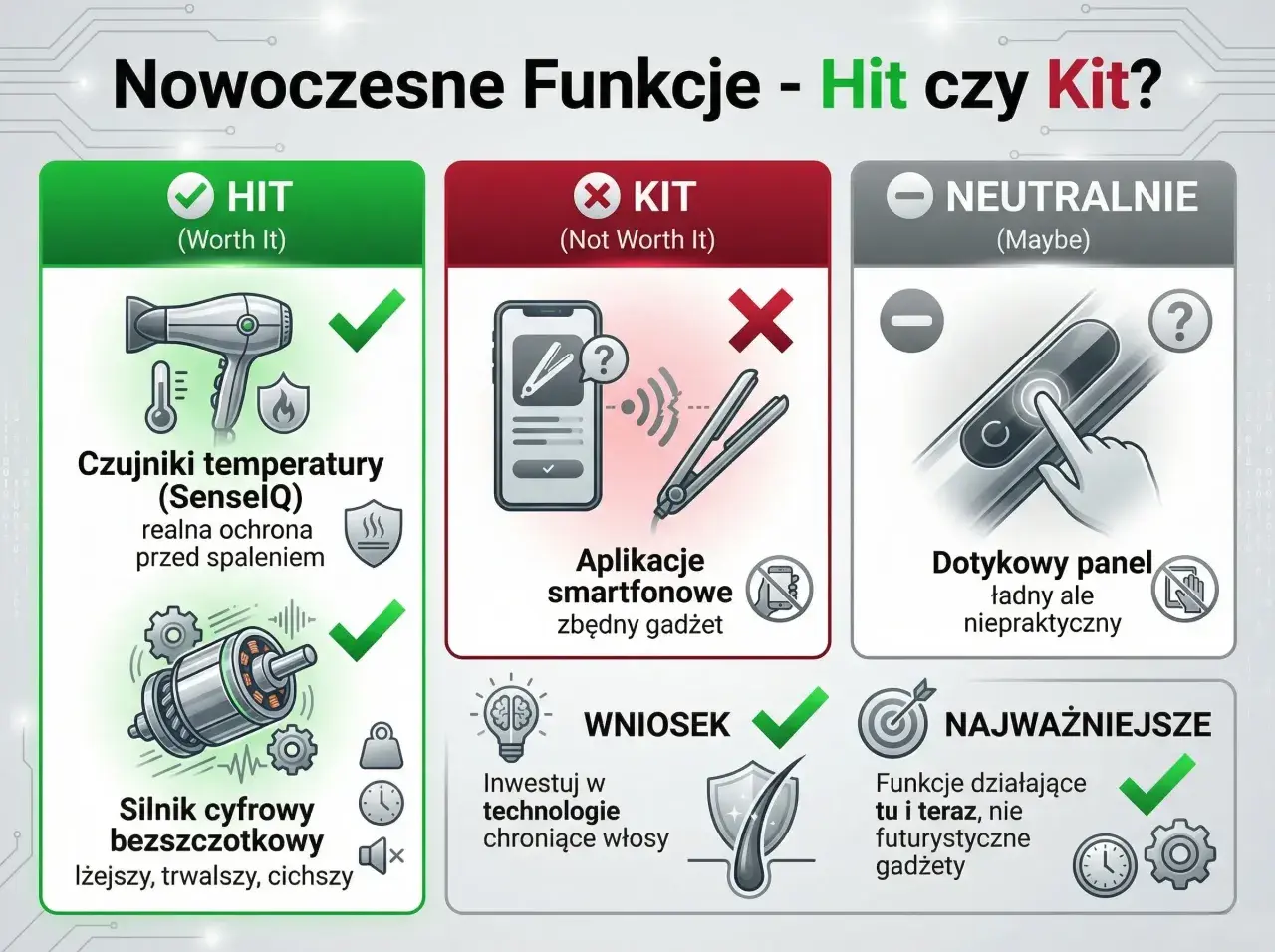 Porównanie suszarki cyfrowej a standardowej: HIT (czujniki temp., silnik bezszczotkowy) vs KIT (aplikacje smartfonowe, zbędny gadżet).