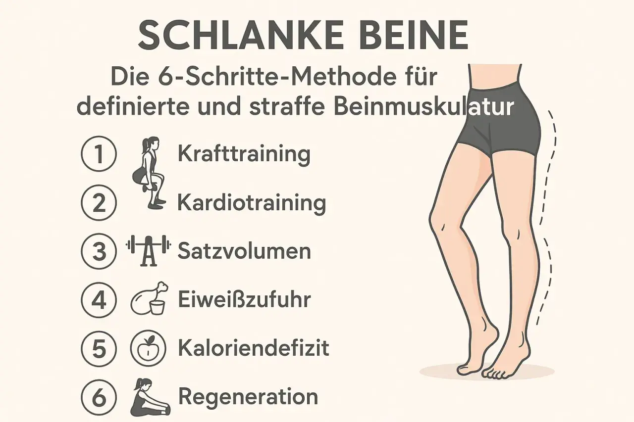 Die 6-Schritte-Methode für schlanke Beine: Krafttraining, Kardiotraining, Satzvolumen, Eiweißzufuhr, Kaloriendefizit, Regeneration. So bekommst du definierte und straffe Beinmuskulatur.