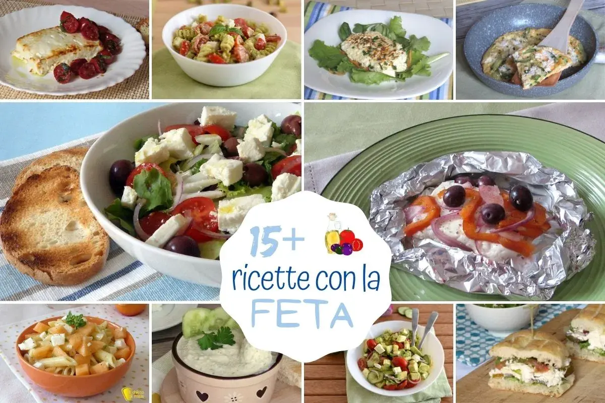 Collage di piatti con feta greca: insalate, pasta, tortini e panini. Scopri 15+ ricette con la feta per piatti freschi e gustosi.