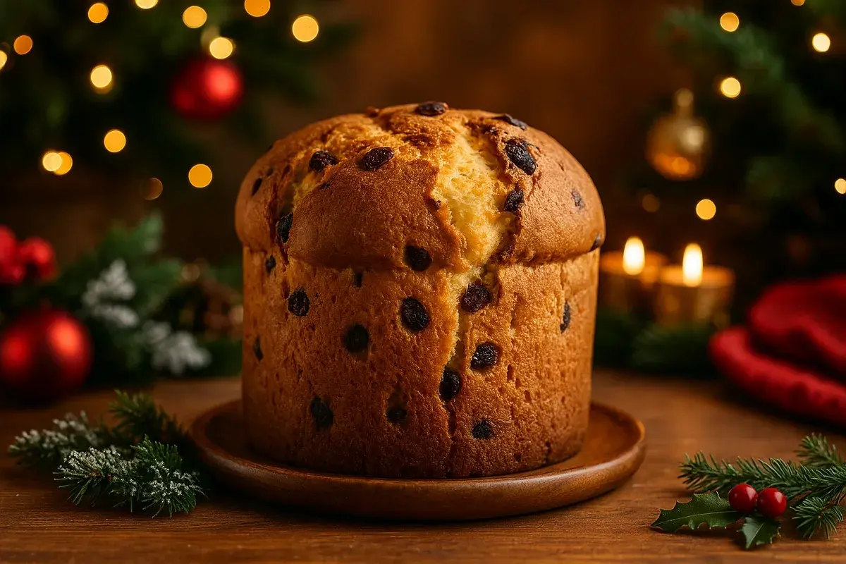 A puszysta babka panettone z rodzynkami na drewnianej desce, otoczona świątecznymi ozdobami i migoczącymi światełkami choinkowymi.