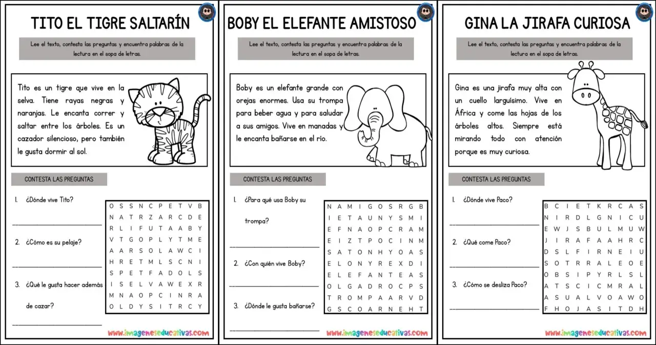 Sopa de letras en inglés imprimir con tres animales: Tito el tigre, Boby el elefante y Gina la jirafa.