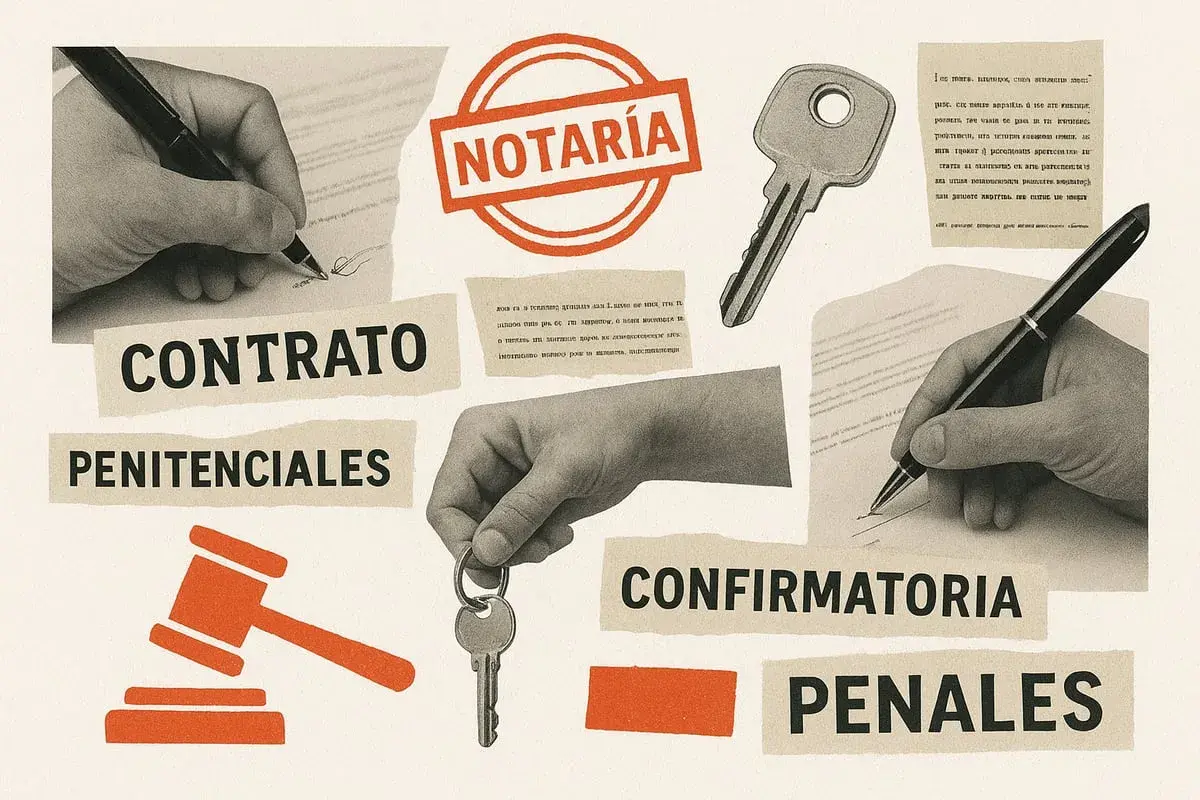 Manos firmando un contrato, una llave y un mazo de juez. Se pregunta qué son las arras de un piso, con términos legales como "penitenciales" y "penales".