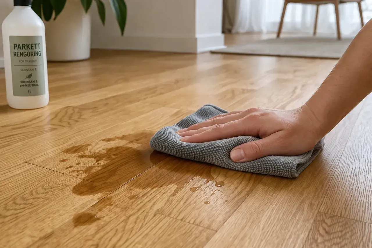 En hand torkar upp spill på ett parkettgolv med en mikrofiberduk. Flaskan med parkettrengöring står bredvid. Ett klassiskt husmorstips för att hålla golvet rent.