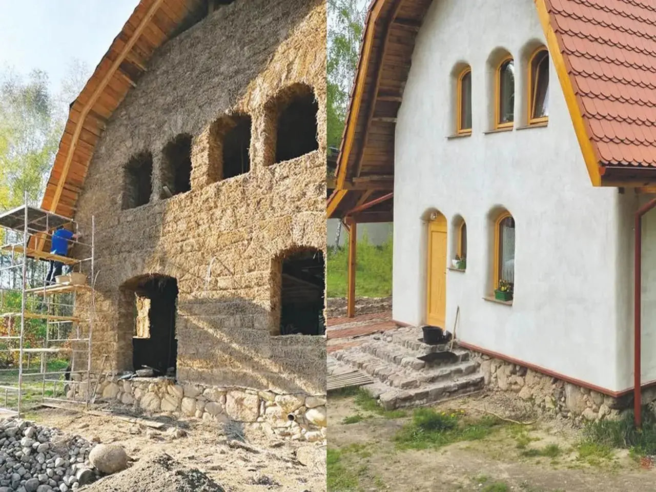 Budowa domu ze słomy: etap surowy z widocznymi belami słomy i rusztowaniem, obok ukończony, otynkowany budynek z żółtymi drzwiami i oknami.