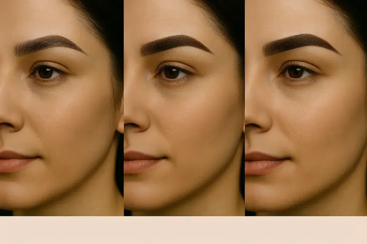 Tres miradas de una mujer con cejas tatuadas, mostrando diferentes estilos y resultados.