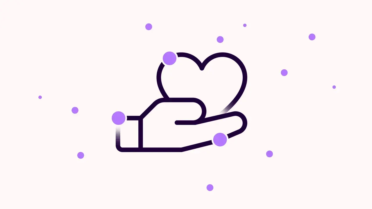 A hand holds a heart, surrounded by floating purple dots. This imagery can affect labeling by visually representing care and connection.