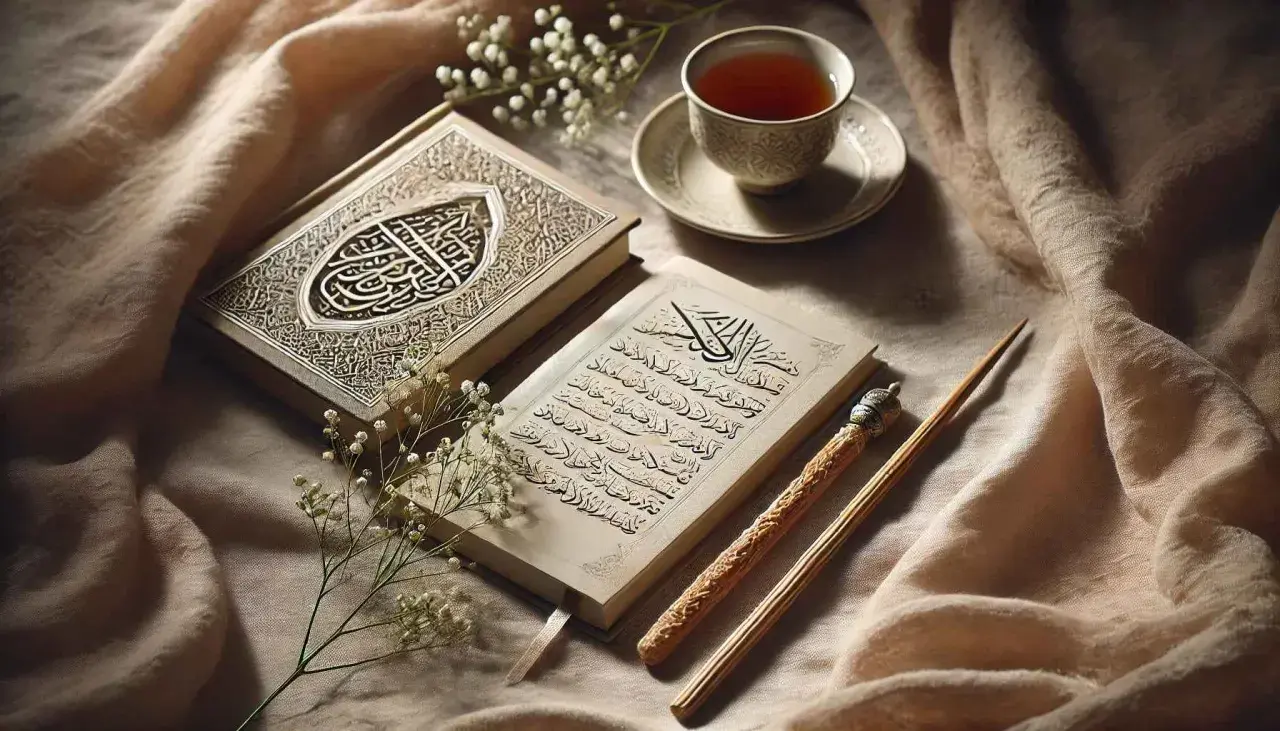 En öppen bok med arabisk skrift, en kopp te och en blomma. En stillsam scen som kan inspirera till hur man ber till Gud.