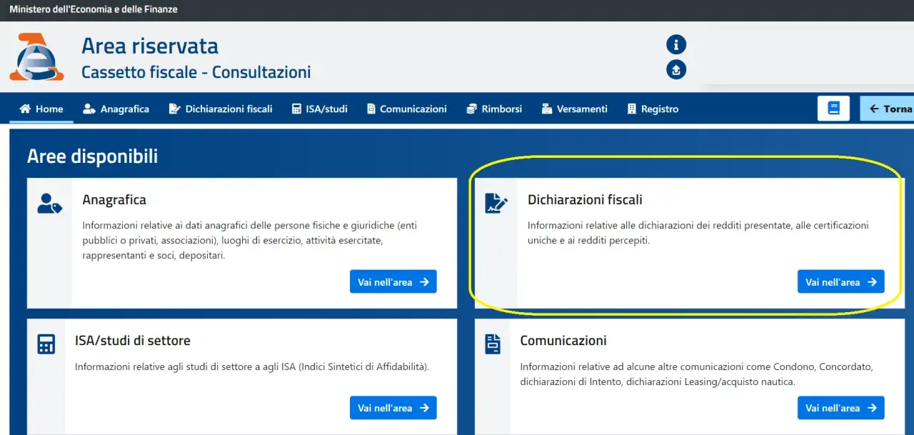 Area "Dichiarazioni fiscali" per info su redditi e certificazioni. Scopri cosa succede se non si presenta il CUD.
