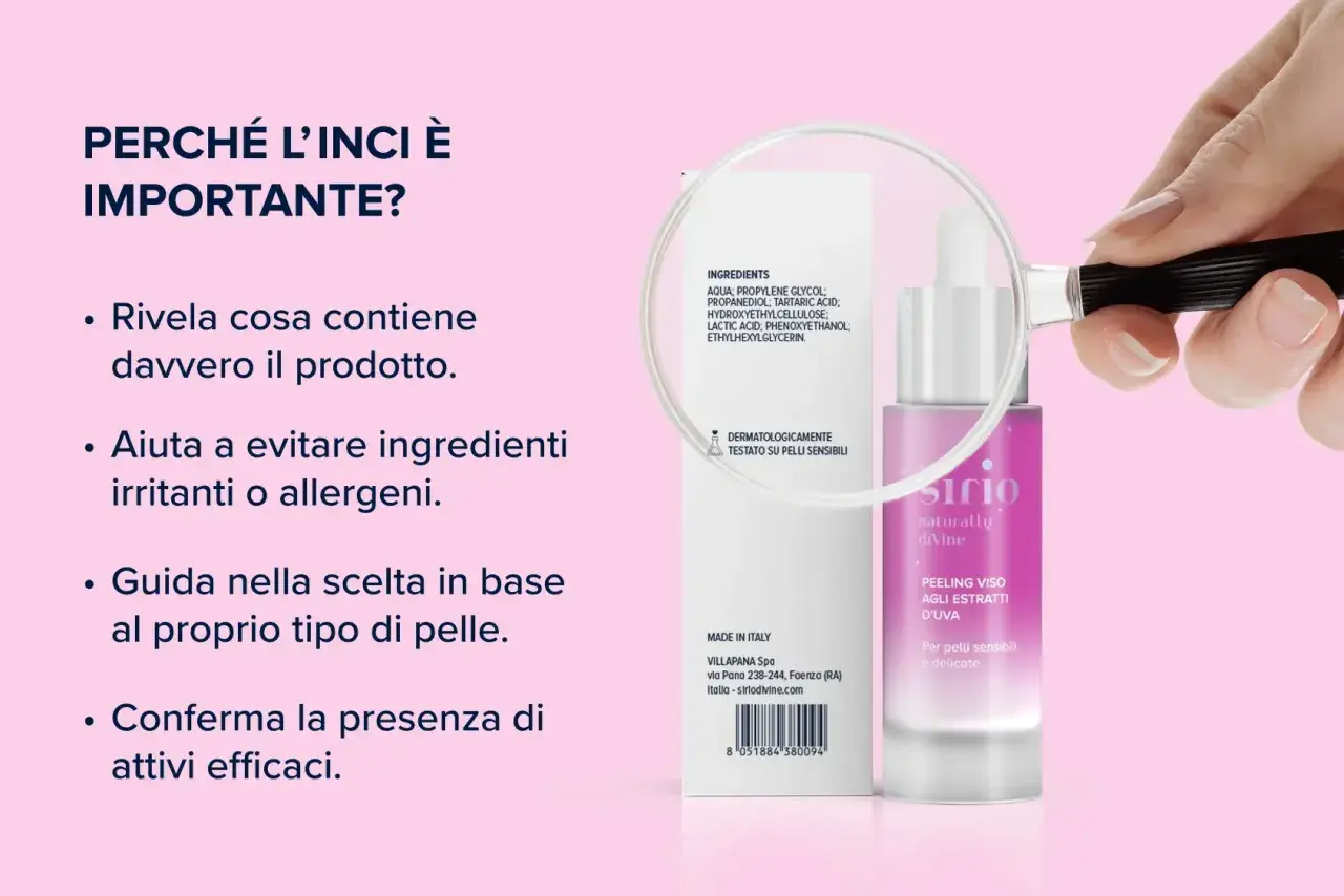 Lente d'ingrandimento su ingredienti creme viso: acqua, glicole propilenico, acido tartarico, lattico. Aiuta a scegliere prodotti sicuri.
