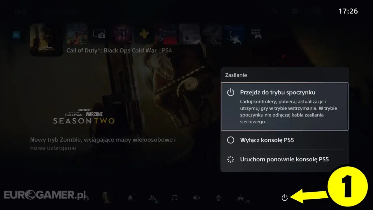Menu zasilania PS5, gdzie można wybrać, jak wyłączyć PS5: tryb spoczynku, wyłączenie lub ponowne uruchomienie.