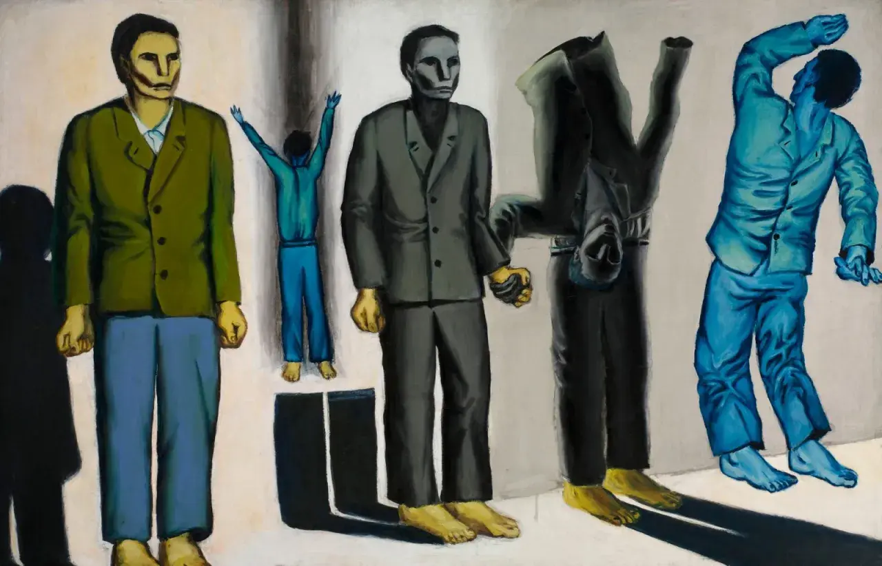 Dzieła Andrzeja Wróblewskiego: surrealistyczna wizja postaci w dziwnych pozach, z surrealistycznymi cieniami.