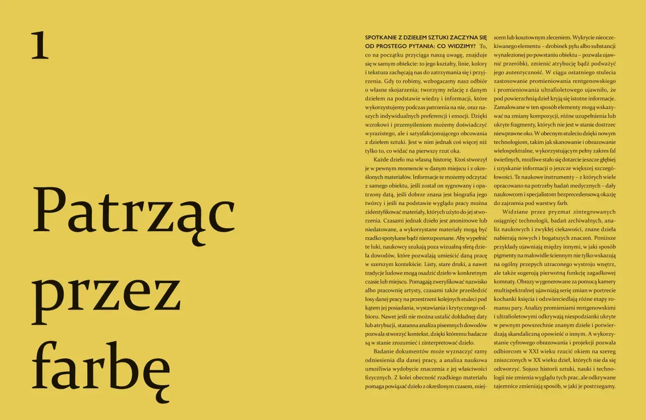 Symbolizm co to? Wielkie litery "Patrząc przez farbę" i numer 1 na żółtym tle. Tekst omawia analizę dzieł sztuki.