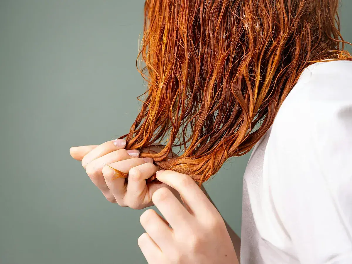 Manos revisando cabello mojado y teñido de naranja, quizás aplicando vinagre para el pelo para brillo y suavidad.