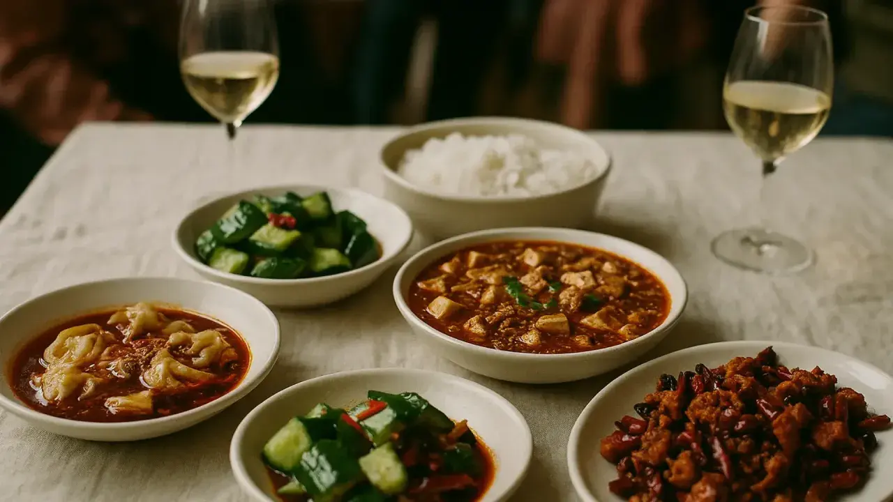 En härlig måltid med koreansk mat, inklusive dumplings, tofu och ris, perfekt ackompanjerad av ett glas vitt vin.