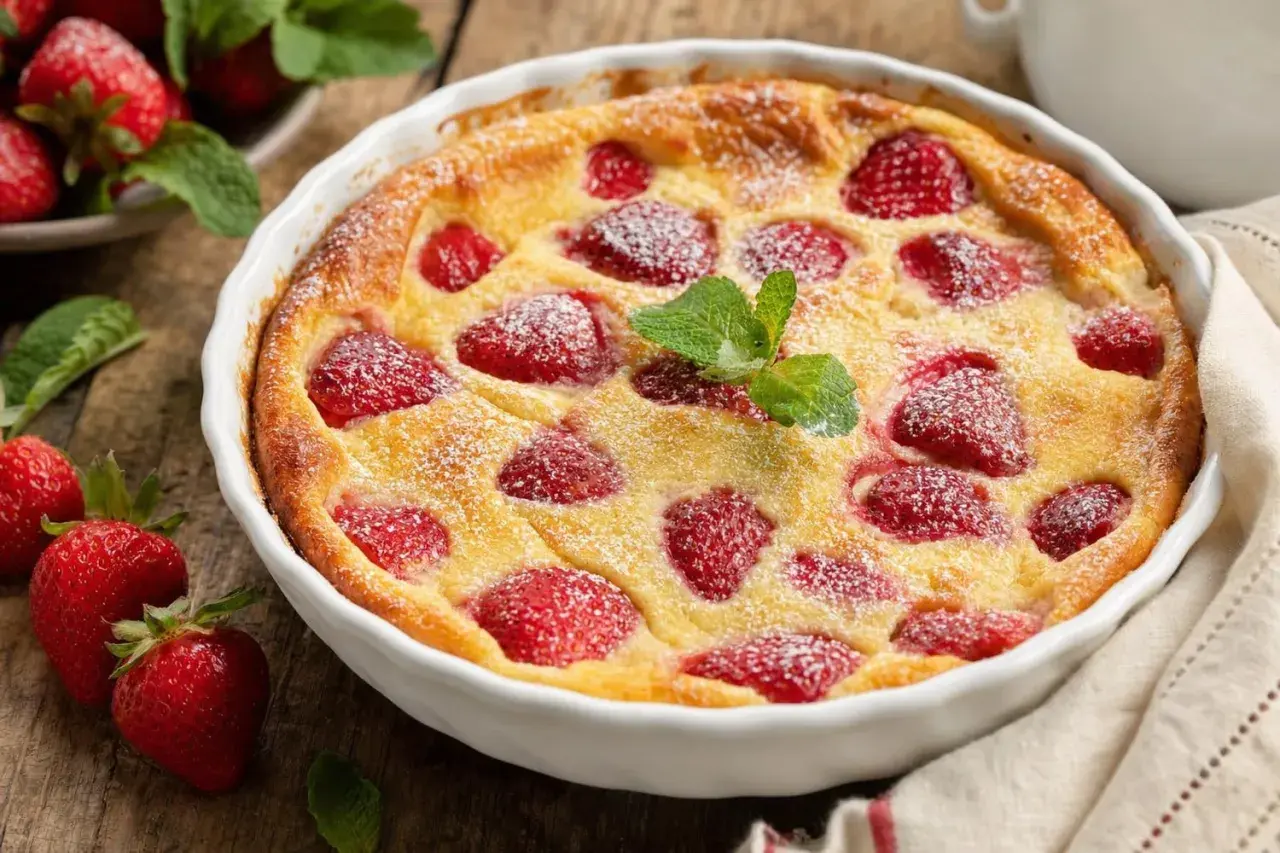 Un délicieux clafoutis aux fraises, saupoudré de sucre glace et garni d'une feuille de menthe, prêt à être dégusté.